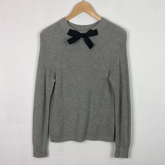 J.Crew XS Factory Gray Sweater Black Ribbon Bow Cotton Blend - Picture 2 of 10